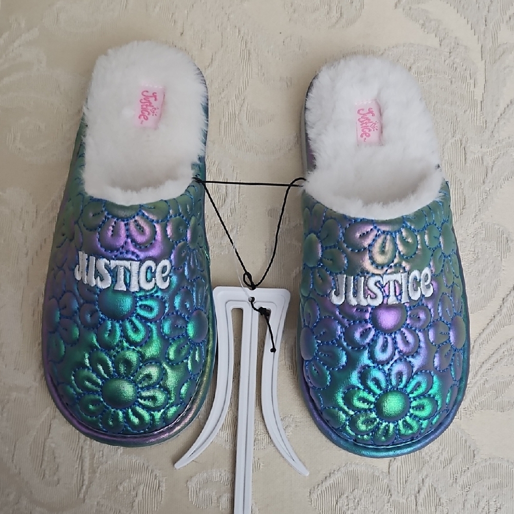Justice Multicolor Floral Slippers with White Fur Size 2/3